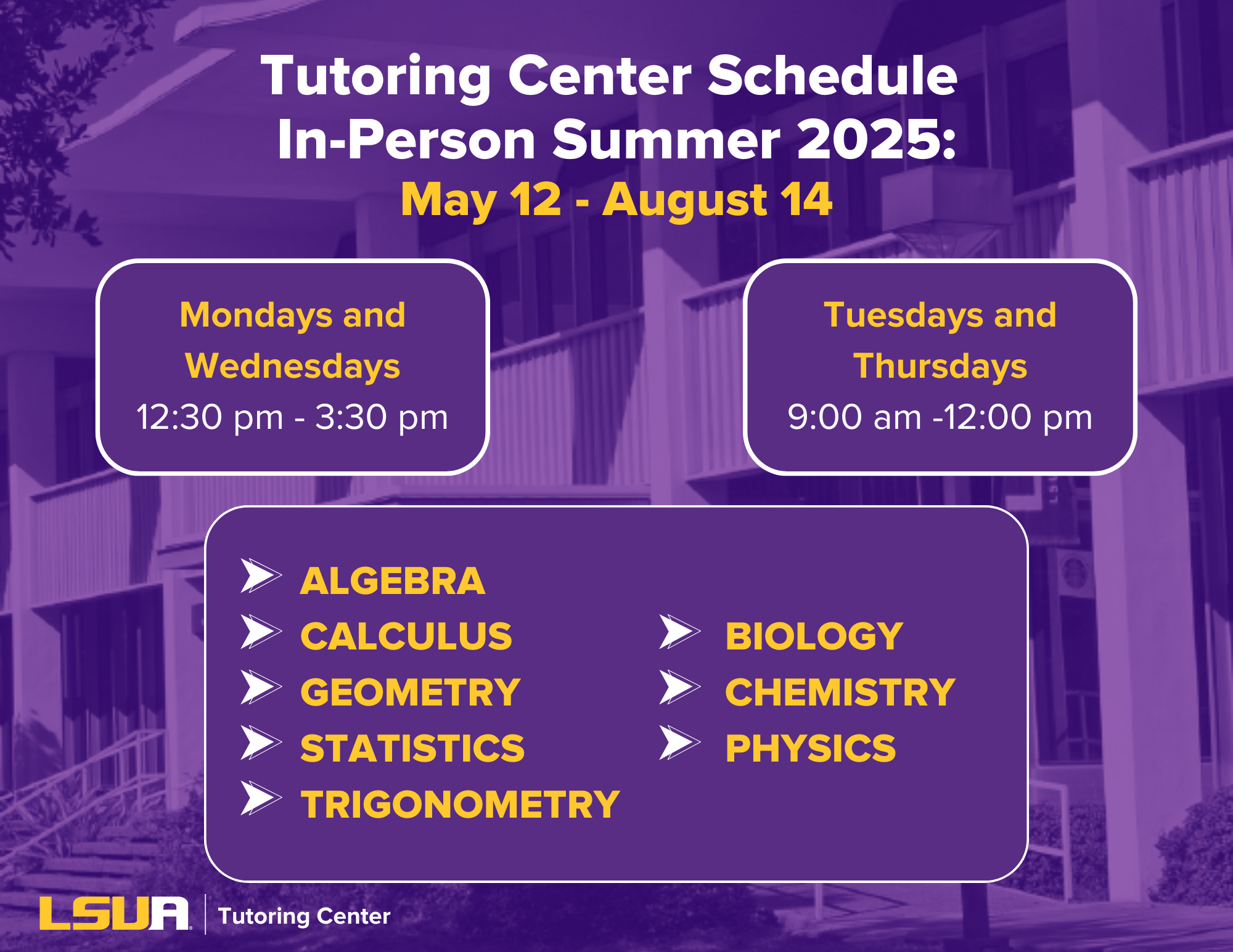 Tutoring Center Schedule In-Person Summer 2025