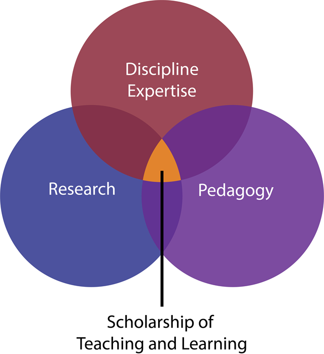 Diagram of showing the components of SOTL..discipline knowledge, Pedagogy, and Research.